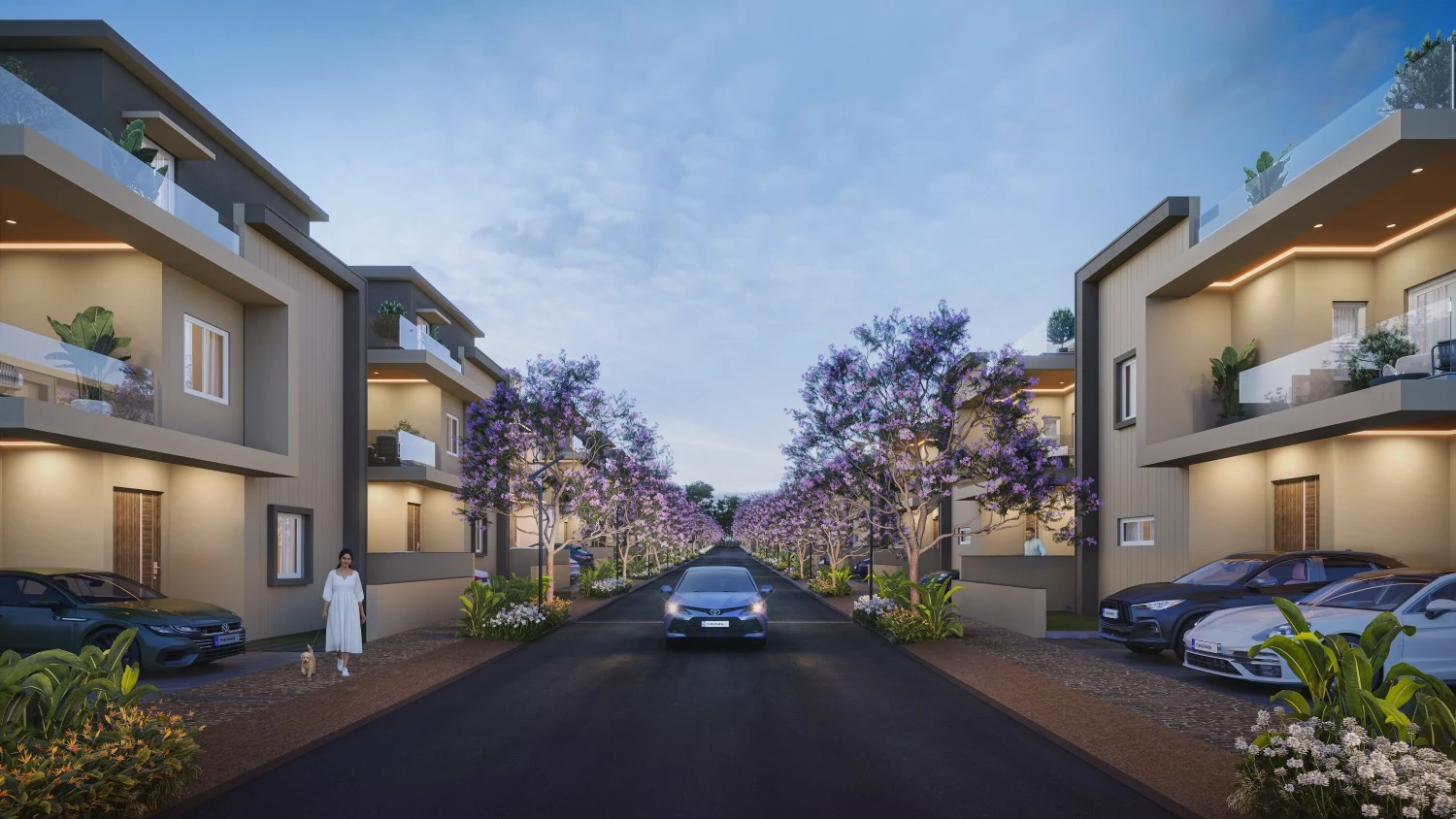 Tree lined street at Ameya by Tattva villas