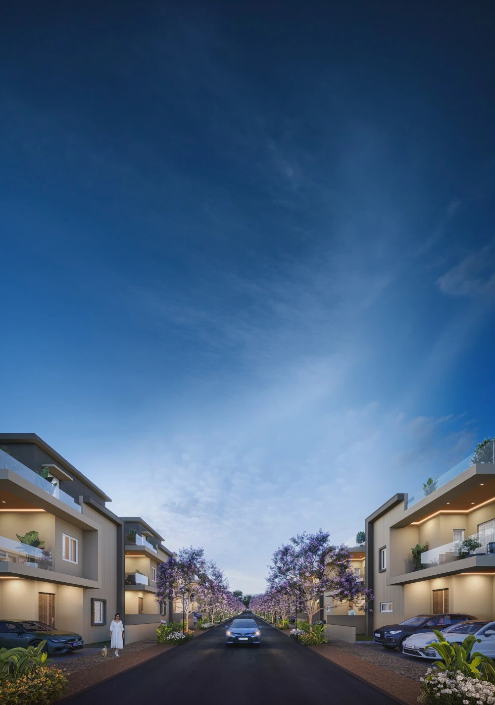 Tree lined street at Ameya by Tattva villas