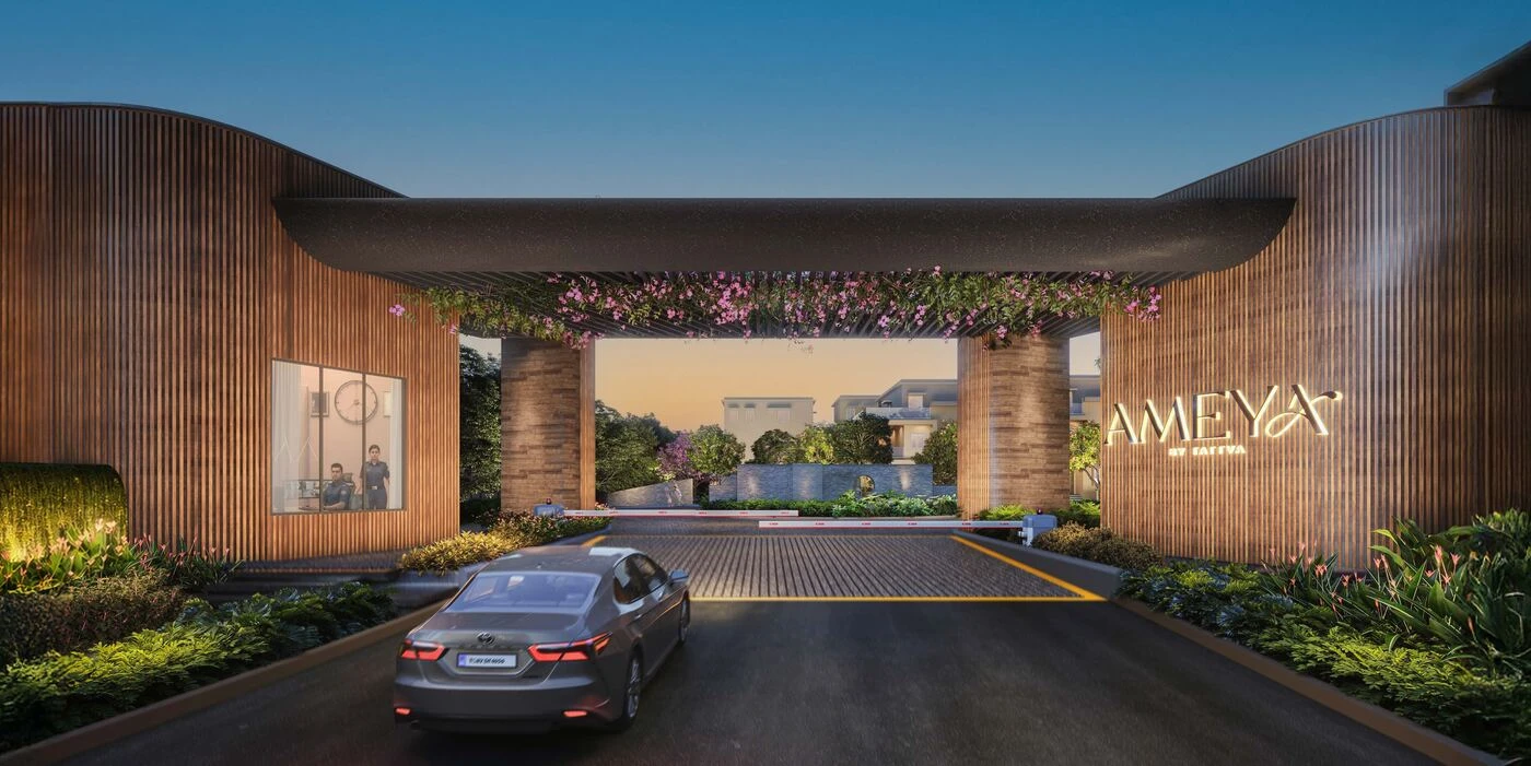 Ameya by Tattva villa entrance with AMEYA signage